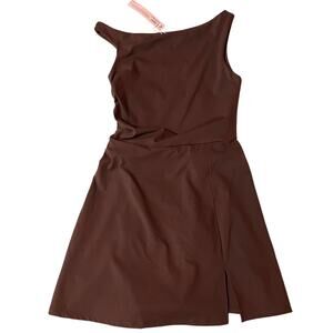 NWT Qinsen Activewear Lined Tennis Mini Dress Sleeveless Draped Neckline Brown S